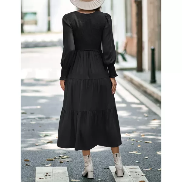 imageZESICA Womens 2023 Casual Long Sleeve Crew Neck High Waist Smocked Flowy Tiered Midi DressVneckblack