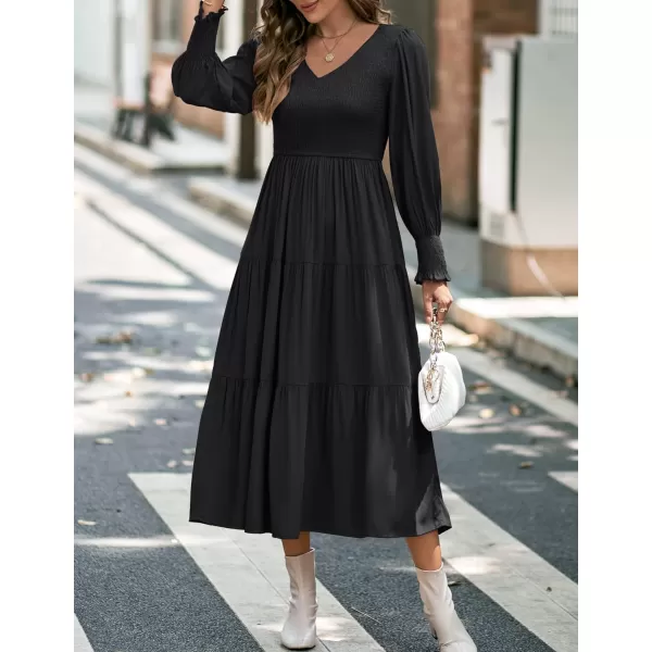 imageZESICA Womens 2023 Casual Long Sleeve Crew Neck High Waist Smocked Flowy Tiered Midi DressVneckblack