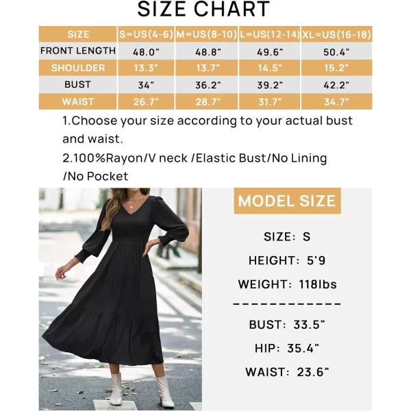 imageZESICA Womens 2023 Casual Long Sleeve Crew Neck High Waist Smocked Flowy Tiered Midi DressVneckblack
