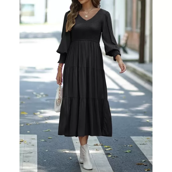 imageZESICA Womens 2023 Casual Long Sleeve Crew Neck High Waist Smocked Flowy Tiered Midi DressVneckblack