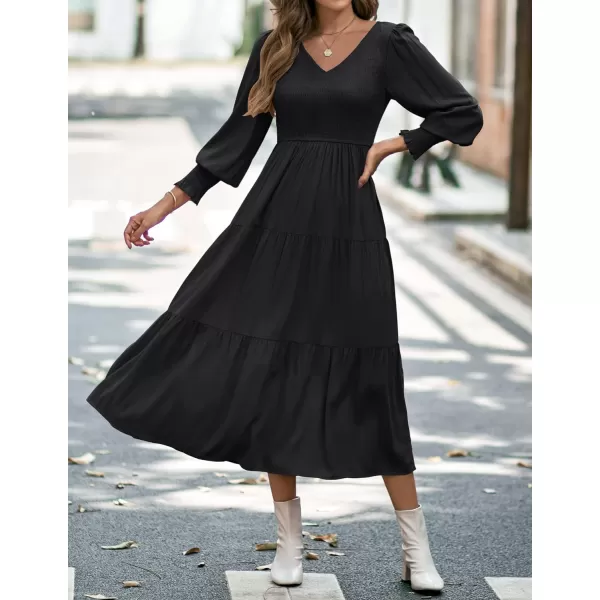 imageZESICA Womens 2023 Casual Long Sleeve Crew Neck High Waist Smocked Flowy Tiered Midi DressVneckblack