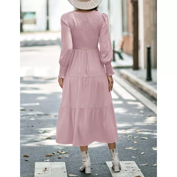 imageZESICA Womens 2023 Casual Long Sleeve Crew Neck High Waist Smocked Flowy Tiered Midi DressVneckdarkpink