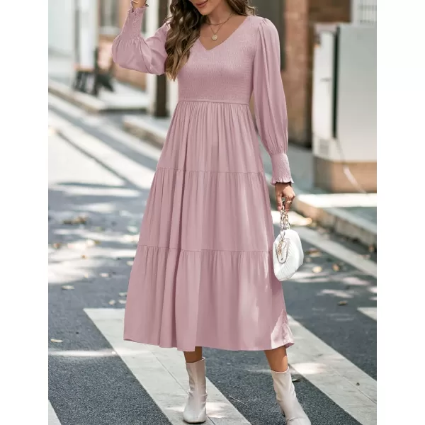 imageZESICA Womens 2023 Casual Long Sleeve Crew Neck High Waist Smocked Flowy Tiered Midi DressVneckdarkpink