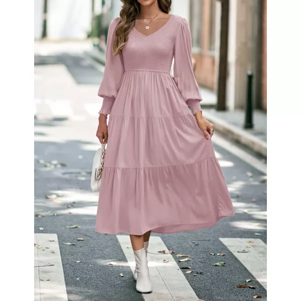 imageZESICA Womens 2023 Casual Long Sleeve Crew Neck High Waist Smocked Flowy Tiered Midi DressVneckdarkpink