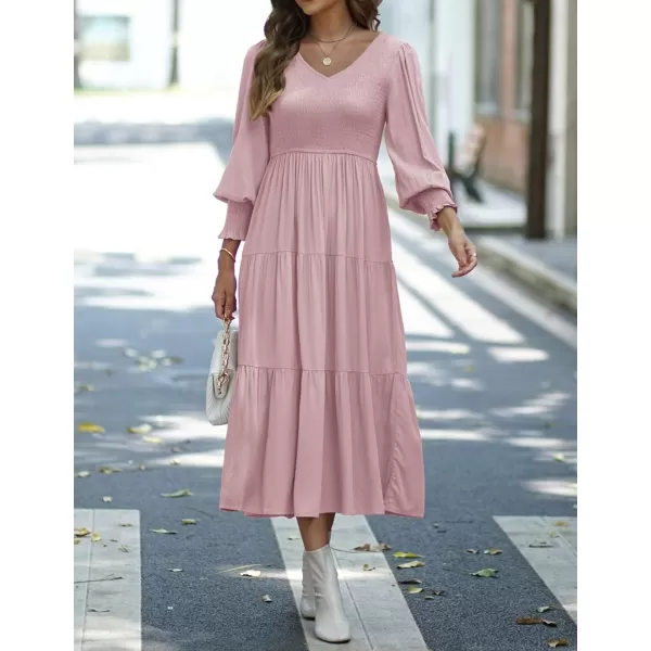 imageZESICA Womens 2023 Casual Long Sleeve Crew Neck High Waist Smocked Flowy Tiered Midi DressVneckdarkpink