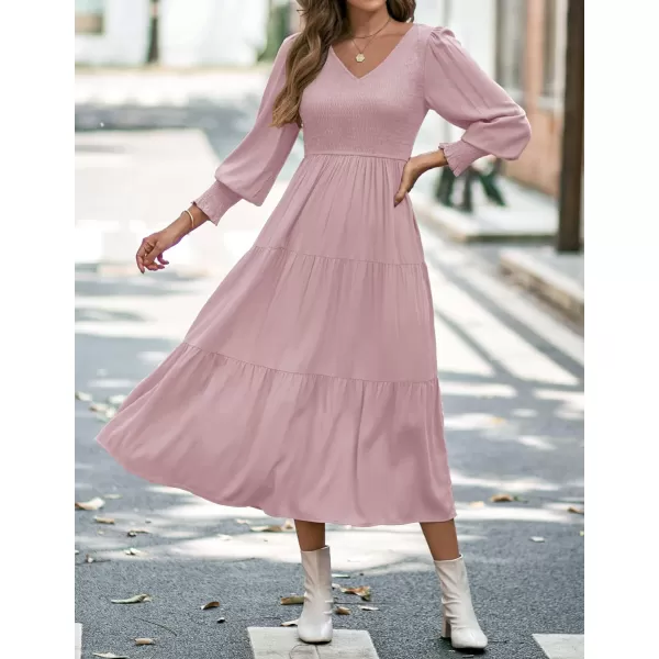 imageZESICA Womens 2023 Casual Long Sleeve Crew Neck High Waist Smocked Flowy Tiered Midi DressVneckdarkpink