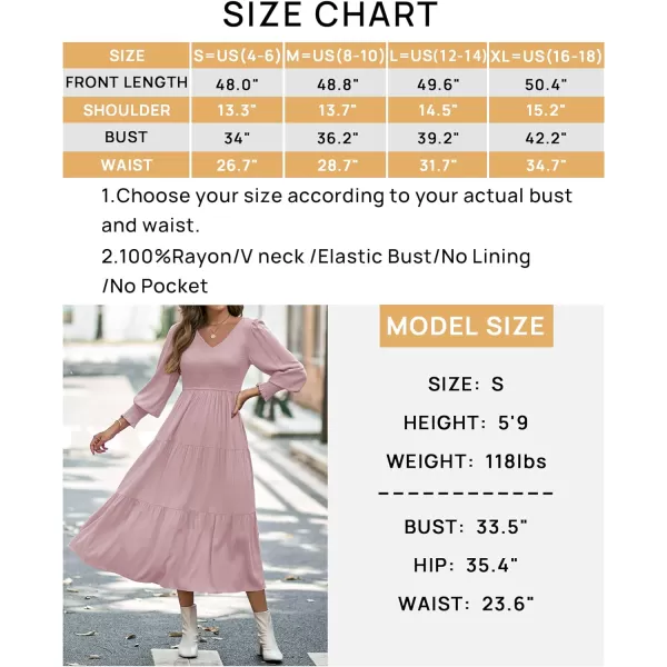 imageZESICA Womens 2023 Casual Long Sleeve Crew Neck High Waist Smocked Flowy Tiered Midi DressVneckdarkpink