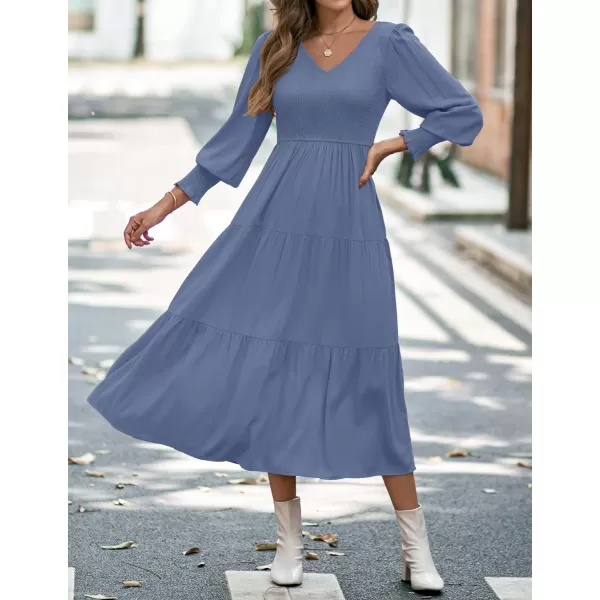 imageZESICA Womens 2023 Casual Long Sleeve Crew Neck High Waist Smocked Flowy Tiered Midi DressVneckdustyblue