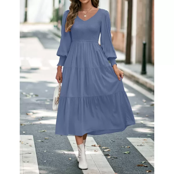 imageZESICA Womens 2023 Casual Long Sleeve Crew Neck High Waist Smocked Flowy Tiered Midi DressVneckdustyblue