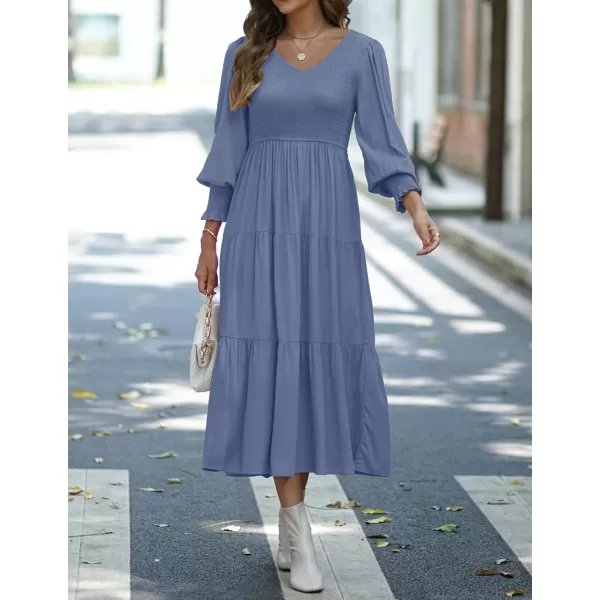 imageZESICA Womens 2023 Casual Long Sleeve Crew Neck High Waist Smocked Flowy Tiered Midi DressVneckdustyblue