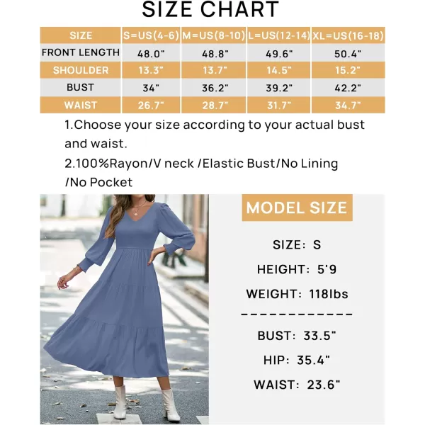 imageZESICA Womens 2023 Casual Long Sleeve Crew Neck High Waist Smocked Flowy Tiered Midi DressVneckdustyblue