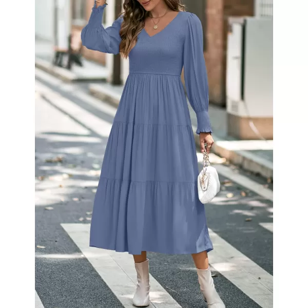 imageZESICA Womens 2023 Casual Long Sleeve Crew Neck High Waist Smocked Flowy Tiered Midi DressVneckdustyblue
