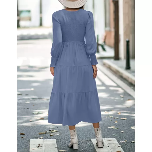 imageZESICA Womens 2023 Casual Long Sleeve Crew Neck High Waist Smocked Flowy Tiered Midi DressVneckdustyblue