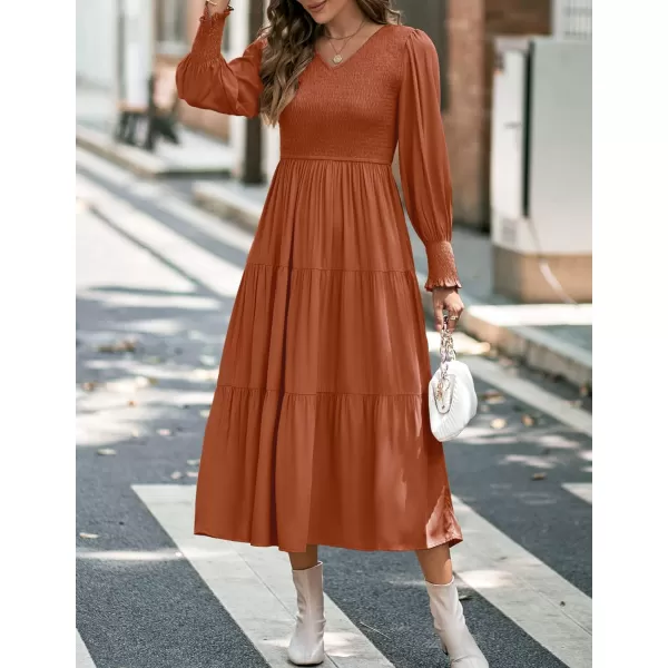 imageZESICA Womens 2023 Casual Long Sleeve Crew Neck High Waist Smocked Flowy Tiered Midi DressVneckmaple