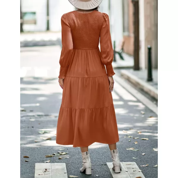 imageZESICA Womens 2023 Casual Long Sleeve Crew Neck High Waist Smocked Flowy Tiered Midi DressVneckmaple