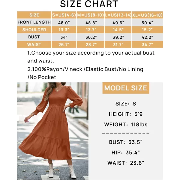 imageZESICA Womens 2023 Casual Long Sleeve Crew Neck High Waist Smocked Flowy Tiered Midi DressVneckmaple