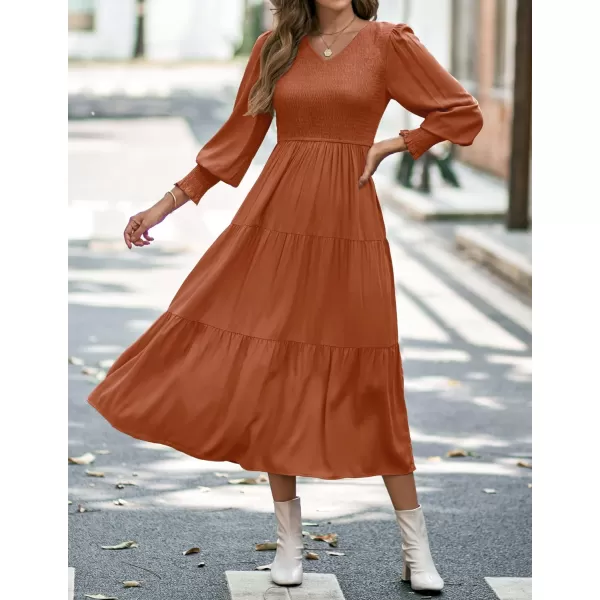 imageZESICA Womens 2023 Casual Long Sleeve Crew Neck High Waist Smocked Flowy Tiered Midi DressVneckmaple