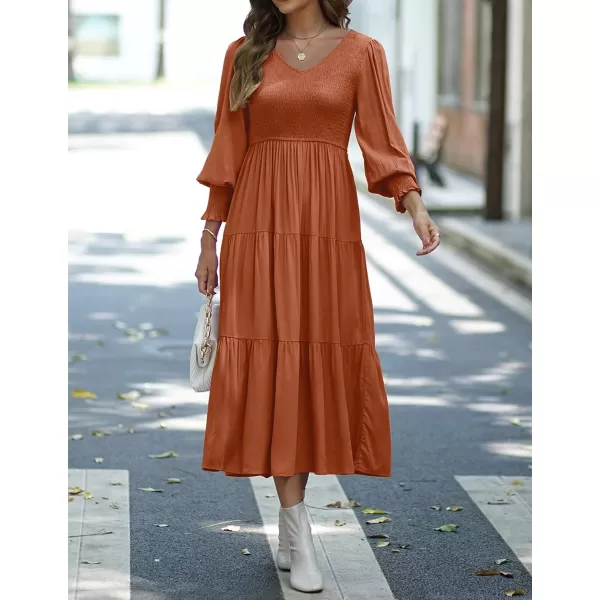 imageZESICA Womens 2023 Casual Long Sleeve Crew Neck High Waist Smocked Flowy Tiered Midi DressVneckmaple