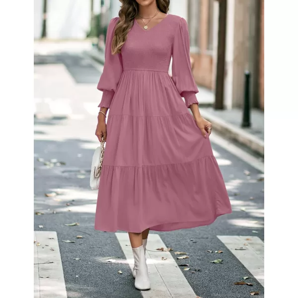 imageZESICA Womens 2023 Casual Long Sleeve Crew Neck High Waist Smocked Flowy Tiered Midi DressVneckmaroon