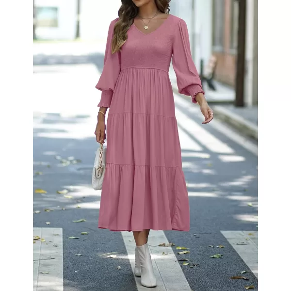 imageZESICA Womens 2023 Casual Long Sleeve Crew Neck High Waist Smocked Flowy Tiered Midi DressVneckmaroon