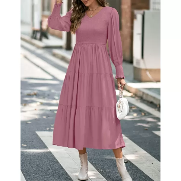 imageZESICA Womens 2023 Casual Long Sleeve Crew Neck High Waist Smocked Flowy Tiered Midi DressVneckmaroon