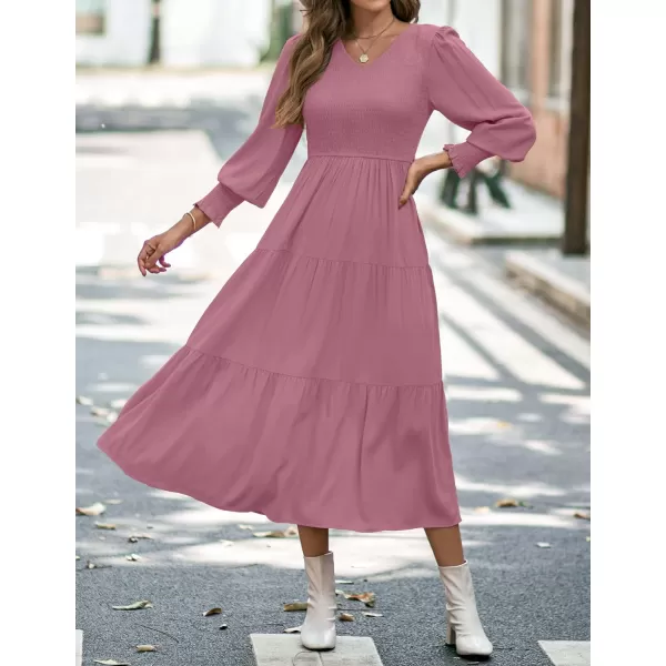 imageZESICA Womens 2023 Casual Long Sleeve Crew Neck High Waist Smocked Flowy Tiered Midi DressVneckmaroon