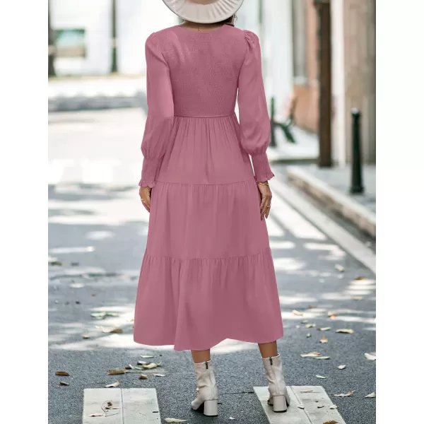 imageZESICA Womens 2023 Casual Long Sleeve Crew Neck High Waist Smocked Flowy Tiered Midi DressVneckmaroon