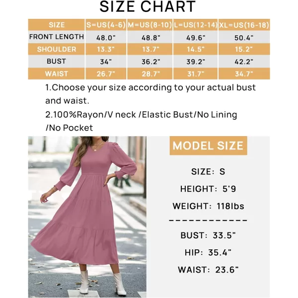 imageZESICA Womens 2023 Casual Long Sleeve Crew Neck High Waist Smocked Flowy Tiered Midi DressVneckmaroon