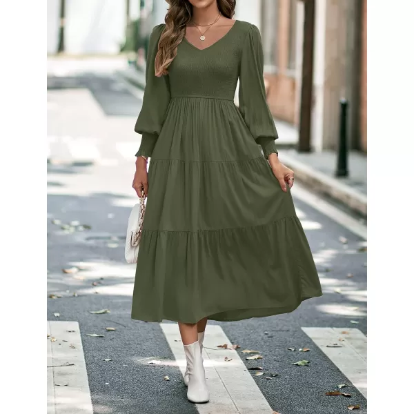 imageZESICA Womens 2023 Casual Long Sleeve Crew Neck High Waist Smocked Flowy Tiered Midi DressVneckolive
