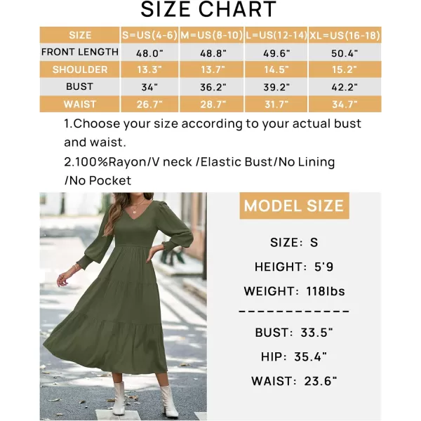 imageZESICA Womens 2023 Casual Long Sleeve Crew Neck High Waist Smocked Flowy Tiered Midi DressVneckolive