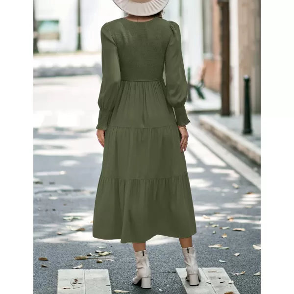imageZESICA Womens 2023 Casual Long Sleeve Crew Neck High Waist Smocked Flowy Tiered Midi DressVneckolive