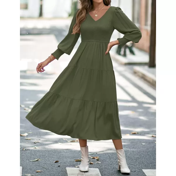 imageZESICA Womens 2023 Casual Long Sleeve Crew Neck High Waist Smocked Flowy Tiered Midi DressVneckolive