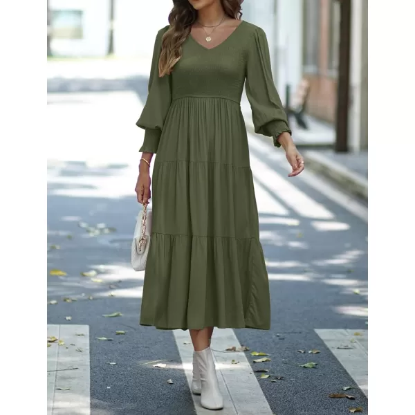 imageZESICA Womens 2023 Casual Long Sleeve Crew Neck High Waist Smocked Flowy Tiered Midi DressVneckolive