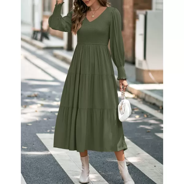 imageZESICA Womens 2023 Casual Long Sleeve Crew Neck High Waist Smocked Flowy Tiered Midi DressVneckolive
