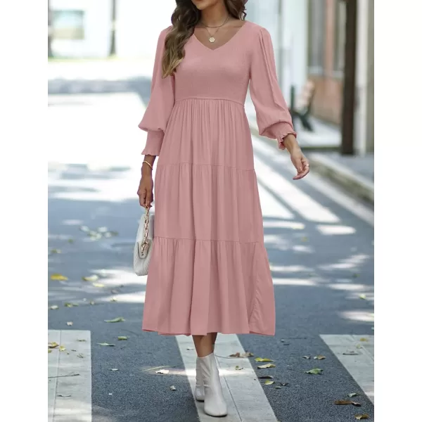 imageZESICA Womens 2023 Casual Long Sleeve Crew Neck High Waist Smocked Flowy Tiered Midi DressVneckpink