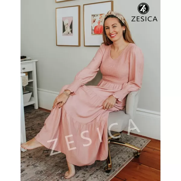 imageZESICA Womens 2023 Casual Long Sleeve Crew Neck High Waist Smocked Flowy Tiered Midi DressVneckpink