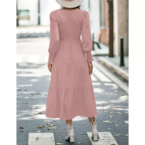 imageZESICA Womens 2023 Casual Long Sleeve Crew Neck High Waist Smocked Flowy Tiered Midi DressVneckpink