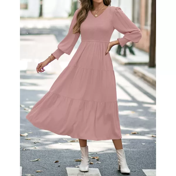 imageZESICA Womens 2023 Casual Long Sleeve Crew Neck High Waist Smocked Flowy Tiered Midi DressVneckpink
