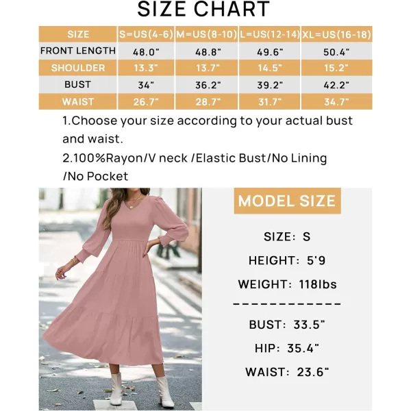 imageZESICA Womens 2023 Casual Long Sleeve Crew Neck High Waist Smocked Flowy Tiered Midi DressVneckpink