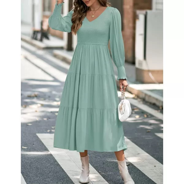 imageZESICA Womens 2023 Casual Long Sleeve Crew Neck High Waist Smocked Flowy Tiered Midi DressVnecksage