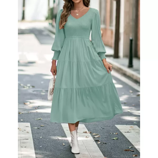 imageZESICA Womens 2023 Casual Long Sleeve Crew Neck High Waist Smocked Flowy Tiered Midi DressVnecksage