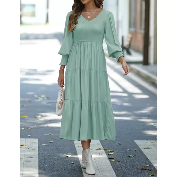imageZESICA Womens 2023 Casual Long Sleeve Crew Neck High Waist Smocked Flowy Tiered Midi DressVnecksage