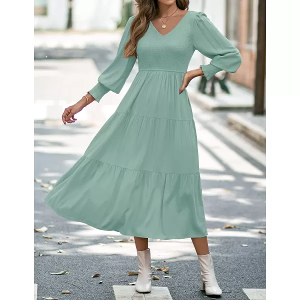 imageZESICA Womens 2023 Casual Long Sleeve Crew Neck High Waist Smocked Flowy Tiered Midi DressVnecksage