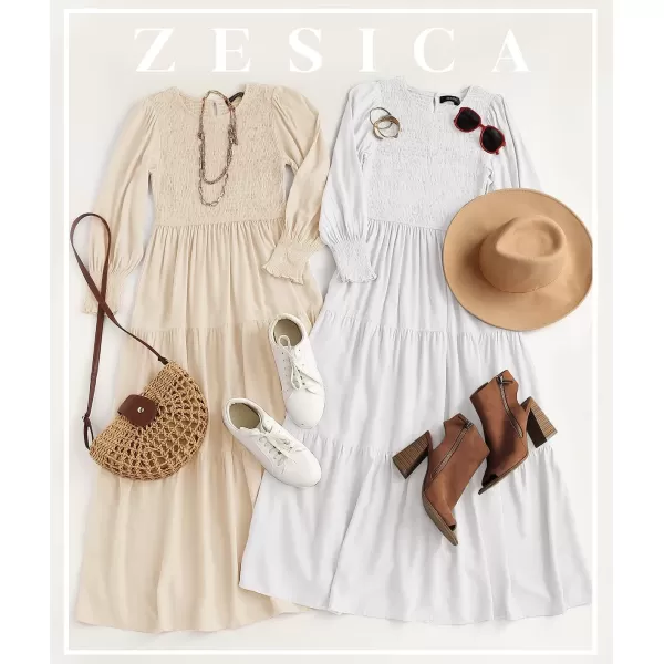 imageZESICA Womens 2023 Casual Long Sleeve Crew Neck High Waist Smocked Flowy Tiered Midi DressWhite