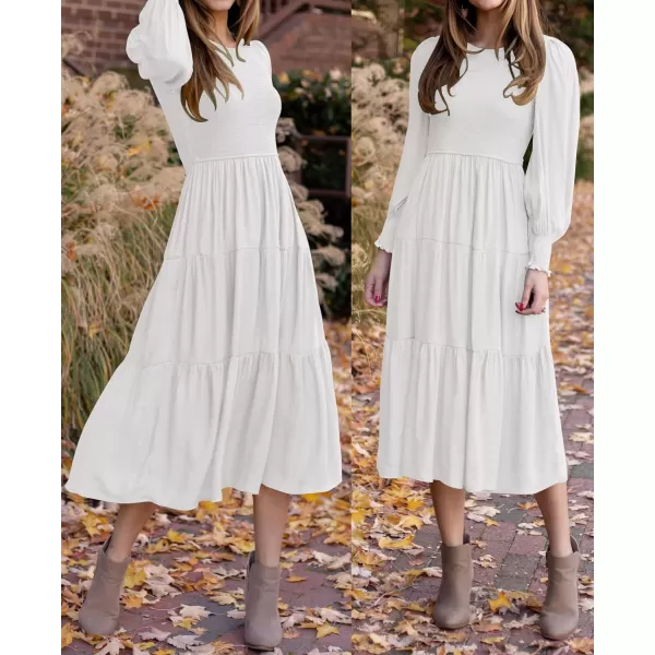 imageZESICA Womens 2023 Casual Long Sleeve Crew Neck High Waist Smocked Flowy Tiered Midi DressWhite