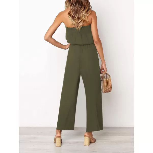 imageZESICA Womens 2023 Casual Off Shoulder Solid Color Strapless Belted Wide Leg Jumpsuit RomperArmy Green