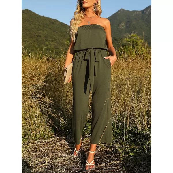 imageZESICA Womens 2023 Casual Off Shoulder Solid Color Strapless Belted Wide Leg Jumpsuit RomperArmy Green