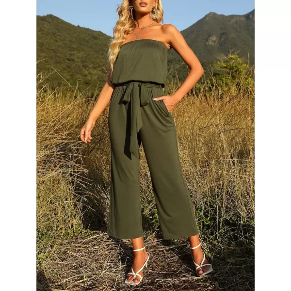 imageZESICA Womens 2023 Casual Off Shoulder Solid Color Strapless Belted Wide Leg Jumpsuit RomperArmy Green