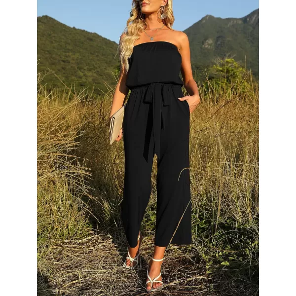 imageZESICA Womens 2023 Casual Off Shoulder Solid Color Strapless Belted Wide Leg Jumpsuit RomperBlack