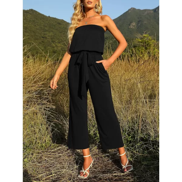 imageZESICA Womens 2023 Casual Off Shoulder Solid Color Strapless Belted Wide Leg Jumpsuit RomperBlack